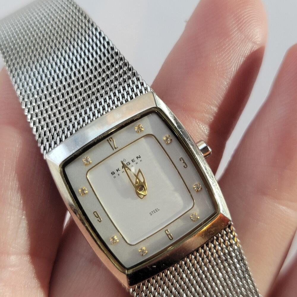 Vintage Skagen 380XSGS1 Womens Watch Silver Case White Dial Mesh Bracelet Quartz